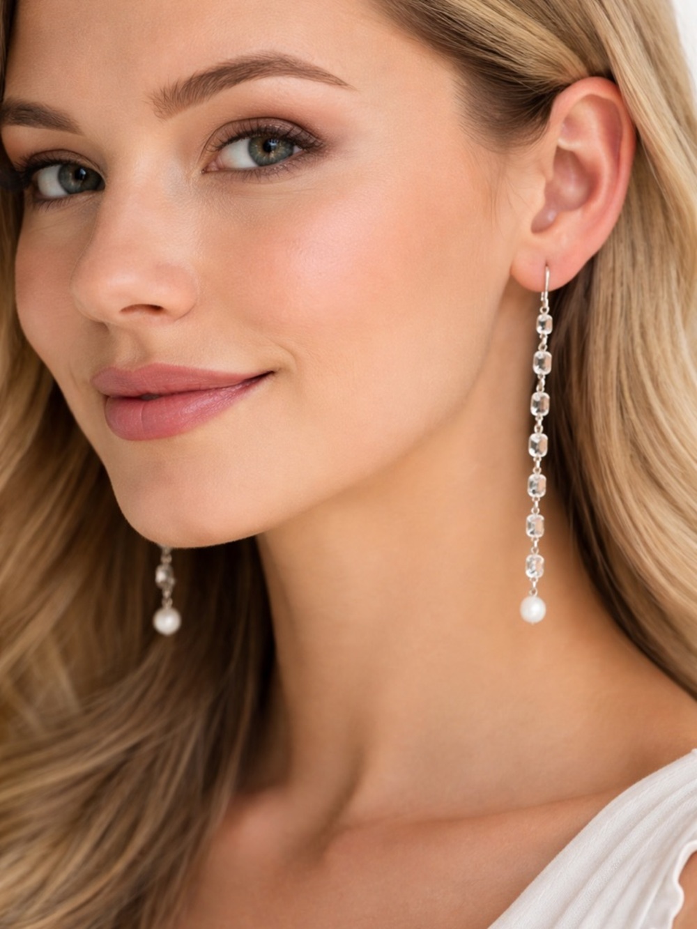 Elegant Long Silver Drop Earrings with Pearl Accent